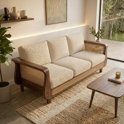 PRITI Sheesham Wood and Cane Sofa for Living Room