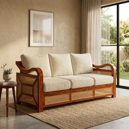 PRITI Sheesham Wood and Cane Sofa for Living Room