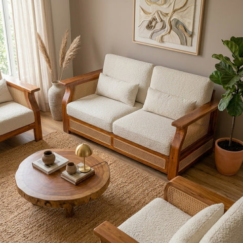 PRITI Sheesham Wood and Cane Sofa for Living Room