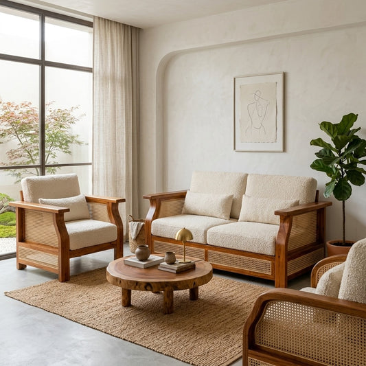 PRITI Sheesham Wood and Cane Sofa for Living Room