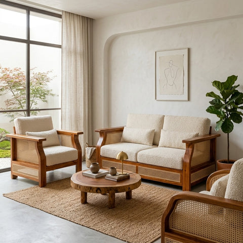 PRITI Sheesham Wood and Cane Sofa for Living Room