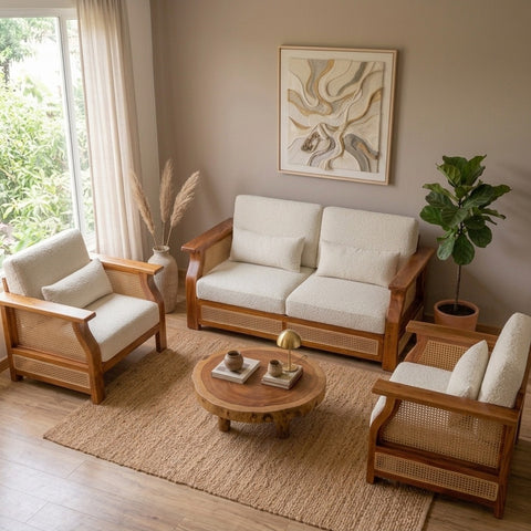 PRITI Sheesham Wood and Cane Sofa for Living Room