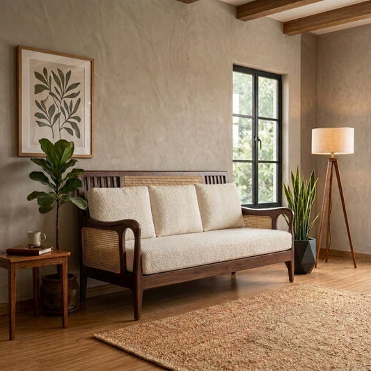PRITI Sheesham Wood and Cane Sofa for Living Room
