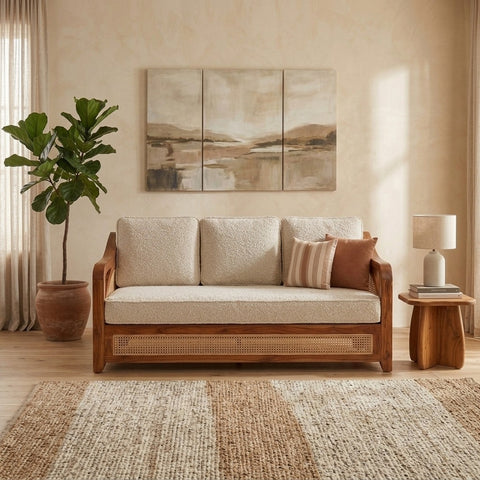 PRITI Sheesham Wood and Cane Sofa for Living Room