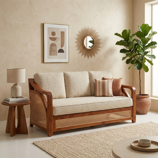 PRITI Sheesham Wood and Cane Sofa for Living Room