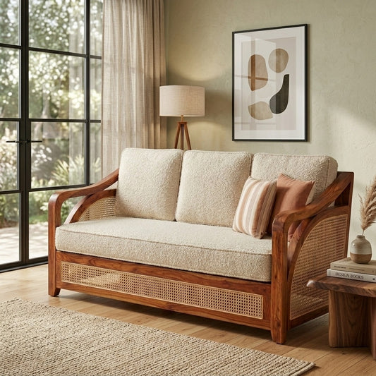 PRITI Sheesham Wood and Cane Sofa for Living Room