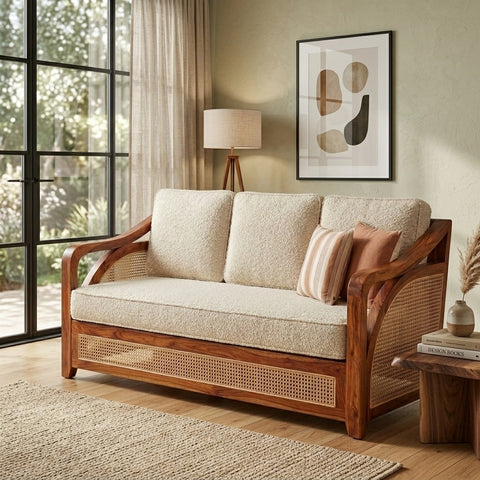 PRITI Sheesham Wood and Cane Sofa for Living Room