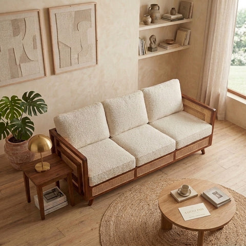 PRITI Sheesham Wood and Cane Sofa for Living Room