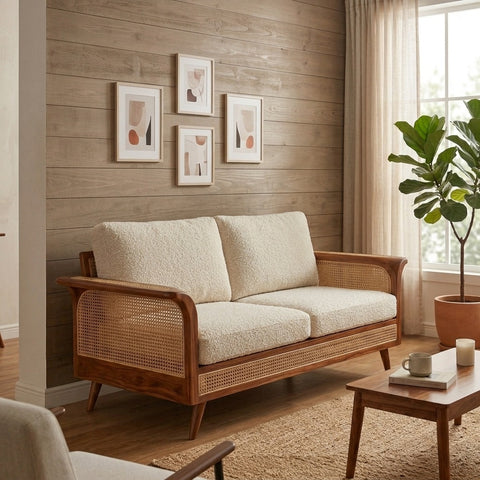 PRITI Sheesham Wood and Cane Sofa for Living Room