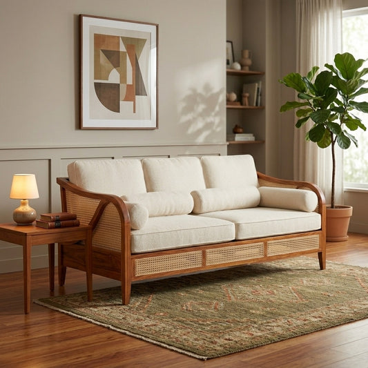 PRITI Sheesham Wood and Cane Sofa for Living Room
