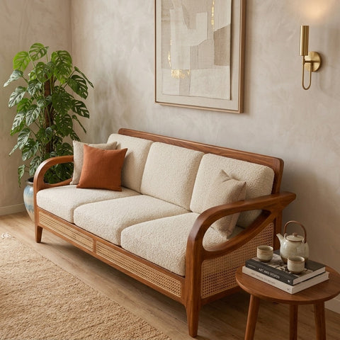PRITI Sheesham Wood and Cane Sofa for Living Room