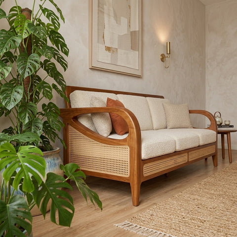 PRITI Sheesham Wood and Cane Sofa for Living Room