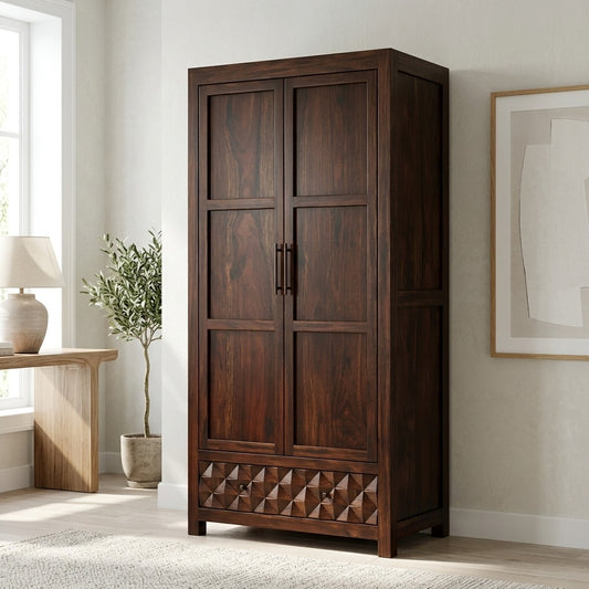 PRITI Two Door and One Drawer Storage Solid Sheesham Wood Wardrobe