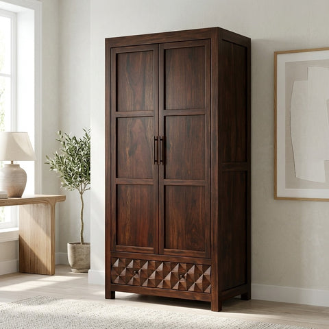 PRITI Two Door and One Drawer Storage Solid Sheesham Wood Wardrobe