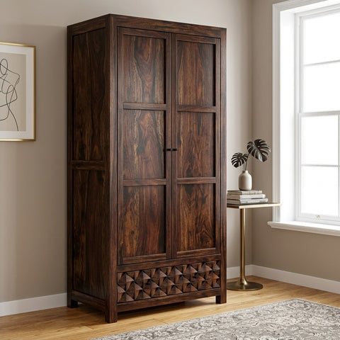PRITI Two Door and One Drawer Storage Solid Sheesham Wood Wardrobe