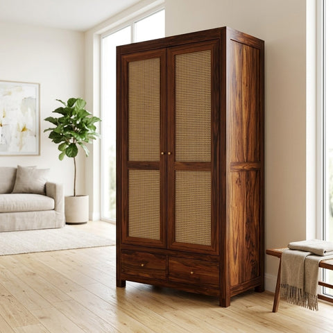 PRITI Two Door Solid Sheesham Wood Wardrobe Cane