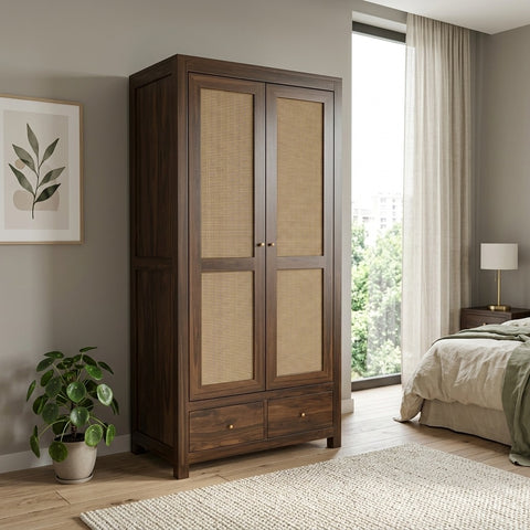 PRITI Two Door Solid Sheesham Wood Wardrobe Cane