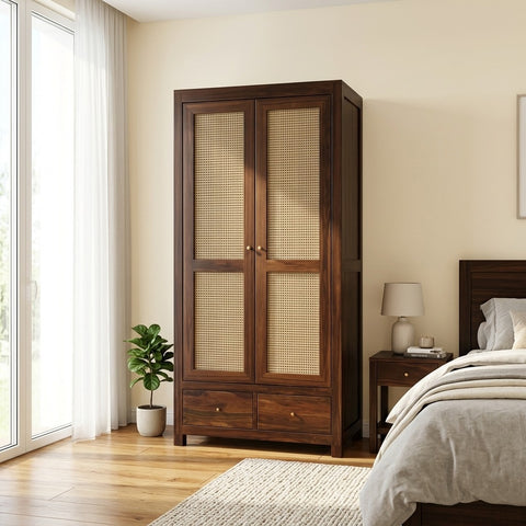 PRITI Two Door Solid Sheesham Wood Wardrobe Cane