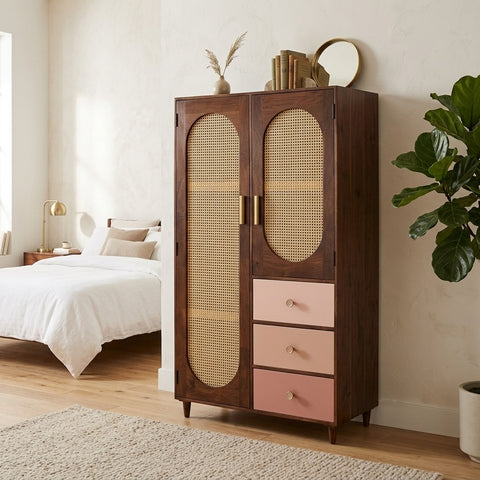 PRITI Rattan Solid Wood Wardrobe