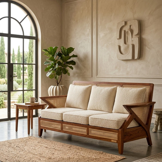 PRITI Sheesham Wood and Cane Sofa for Living Room