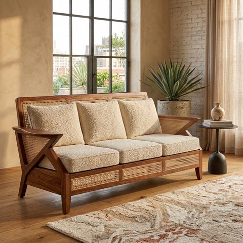 PRITI Sheesham Wood and Cane Sofa for Living Room