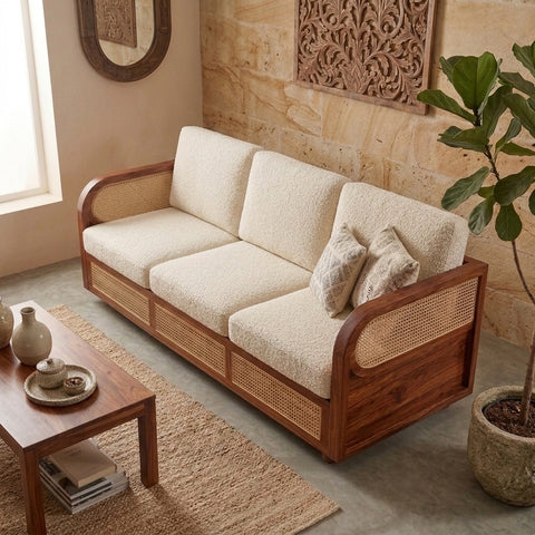 PRITI Sheesham Wood and Cane Sofa for Living Room
