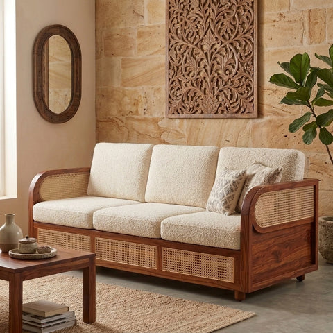 PRITI Sheesham Wood and Cane Sofa for Living Room