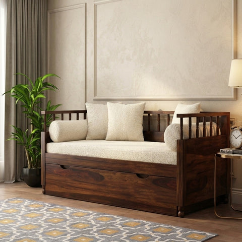 PRITI Sheesham Wood Diwan Bed with Drawer Storage (Walnut Finish)