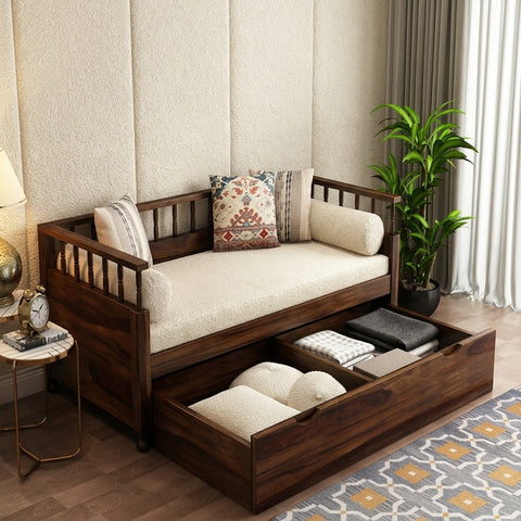 PRITI Sheesham Wood Diwan Bed with Drawer Storage (Walnut Finish)