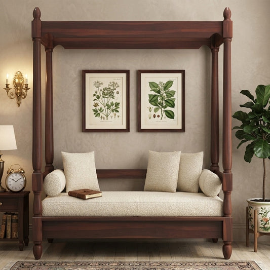 PRITI Sheesham Wood Poster Diwan Bed (Walnut Finish)