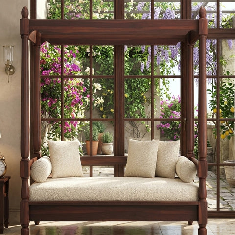 PRITI Sheesham Wood Poster Diwan Bed (Walnut Finish)