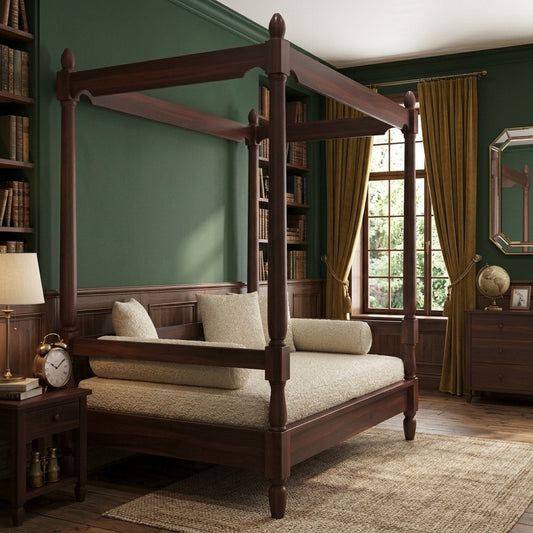 PRITI Sheesham Wood Poster Diwan Bed (Walnut Finish)