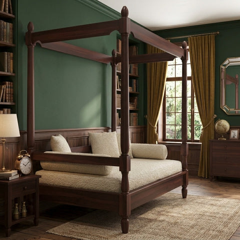 PRITI Sheesham Wood Poster Diwan Bed (Walnut Finish)