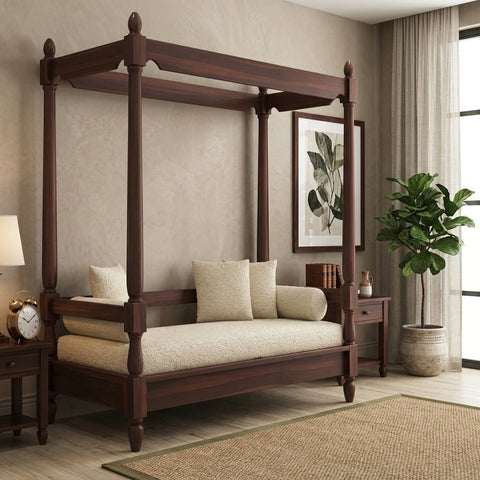PRITI Sheesham Wood Poster Diwan Bed (Walnut Finish)