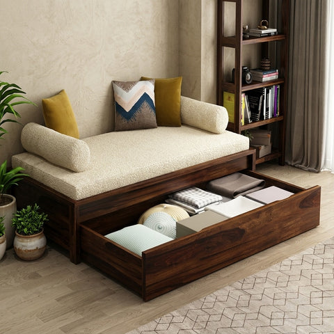 PRITI Sheesham Wood Diwan Bed with Drawer Storage (Walnut Finish)