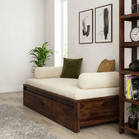 PRITI Sheesham Wood Diwan Bed with Drawer Storage (Walnut Finish)