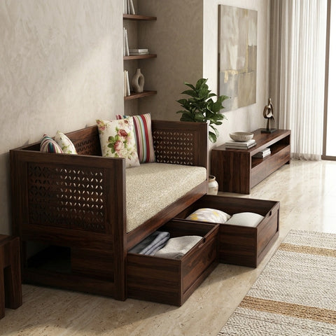 PRITI Sheesham Wood Diwan Bed with Drawer Storage (Walnut Finish)