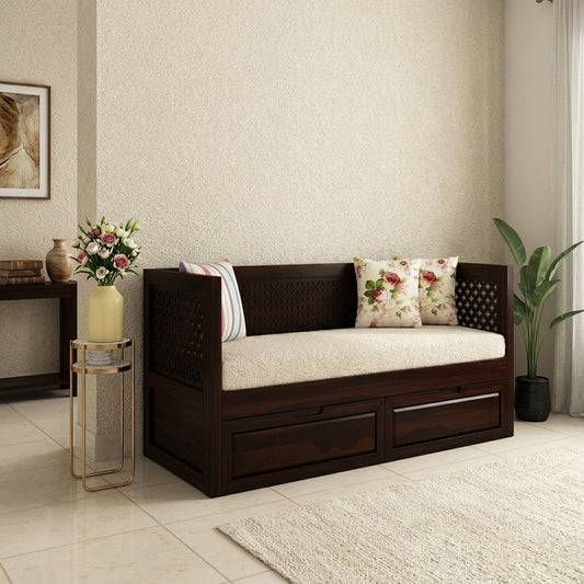 PRITI Sheesham Wood Diwan Bed with Drawer Storage (Walnut Finish)