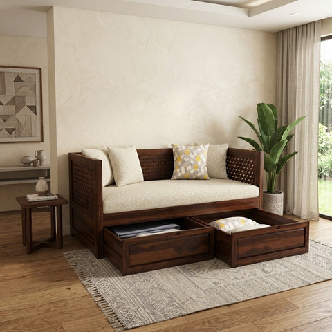 PRITI Sheesham Wood Diwan Bed with Drawer Storage (Walnut Finish)