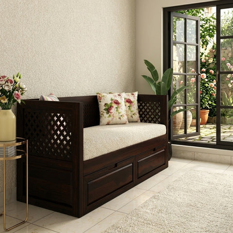 PRITI Sheesham Wood Diwan Bed with Drawer Storage (Walnut Finish)