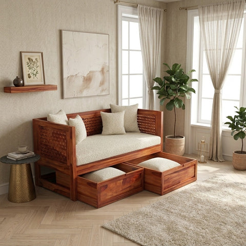 PRITI Sheesham Wood Diwan Bed with Drawer Storage (Honey Finish)