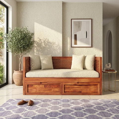 PRITI Sheesham Wood Diwan Bed with Drawer Storage (Honey Finish)