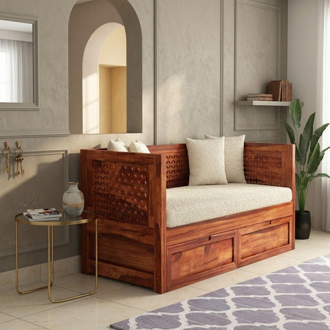 PRITI Sheesham Wood Diwan Bed with Drawer Storage (Honey Finish)