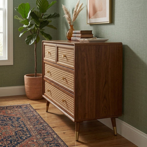 PRITI Solid Wood Rattan Cane Chest of Drawer Four Drawer