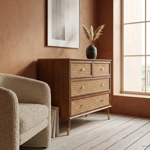 PRITI Solid Wood Rattan Cane Chest of Drawer Four Drawer