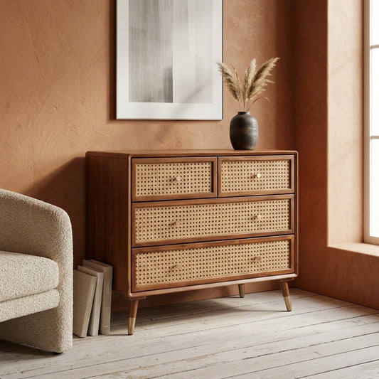 PRITI Solid Wood Rattan Cane Chest of Drawer Four Drawer