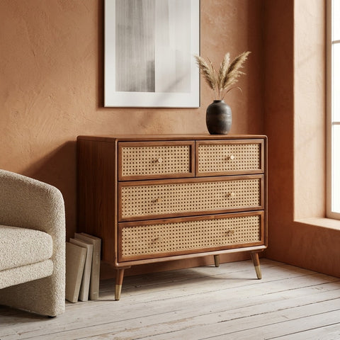 PRITI Solid Wood Rattan Cane Chest of Drawer Four Drawer