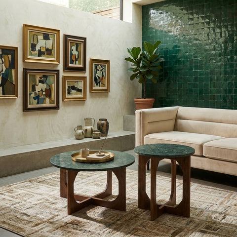 PRITI Green Marble Round Coffee Table with Wood Base Set of 2