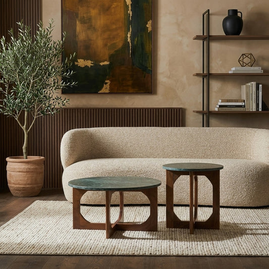 PRITI Green Marble Round Coffee Table with Wood Base Set of 2