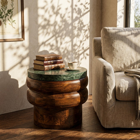 PRITI Mango Wood Side Table with Green Marble
